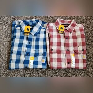 NWT Carhartt Loose Fit Midweight Blue + Red SS Button Plaid Shirts Men's S